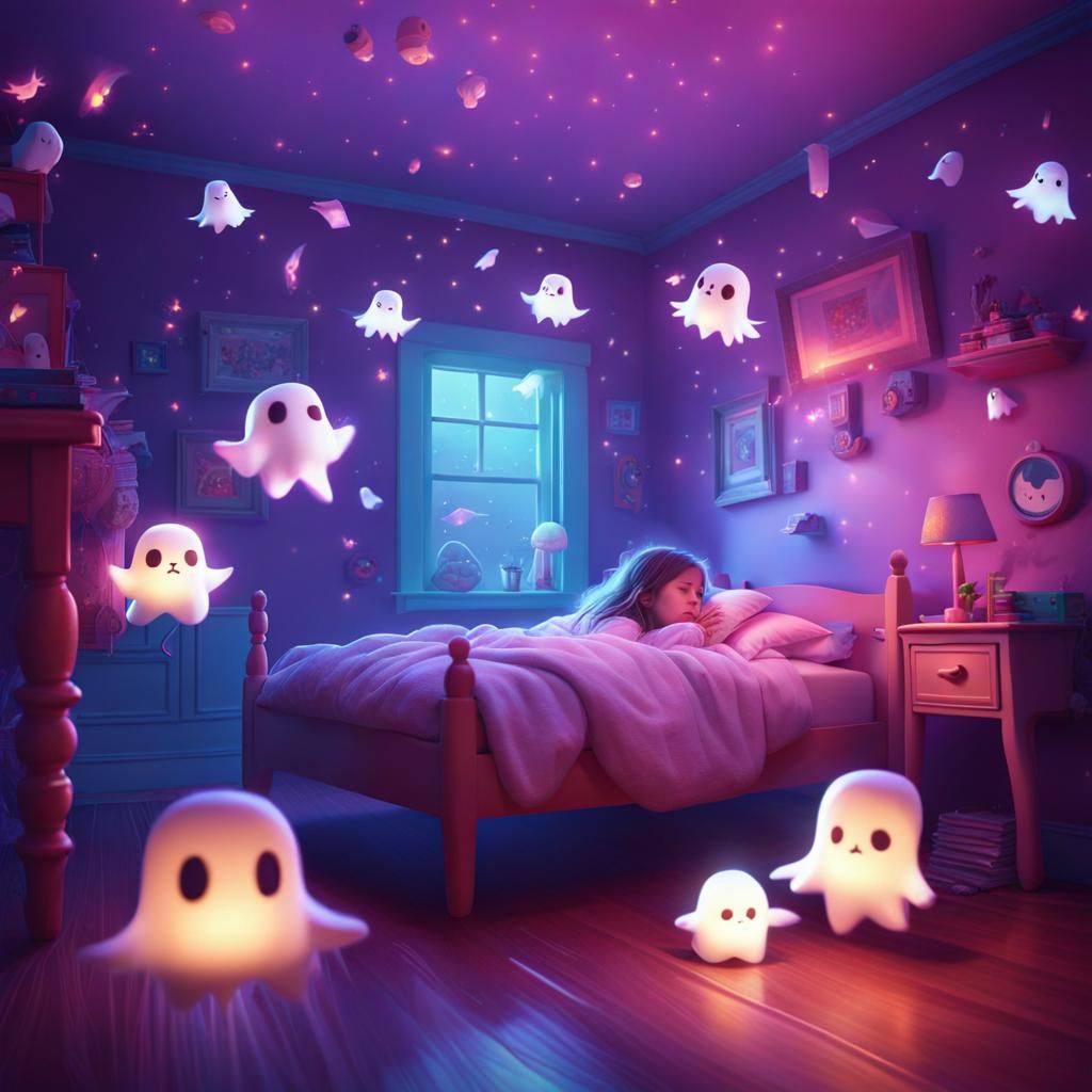 Kawaii Ghosts Surround Sleeping Girl in Dreamscape