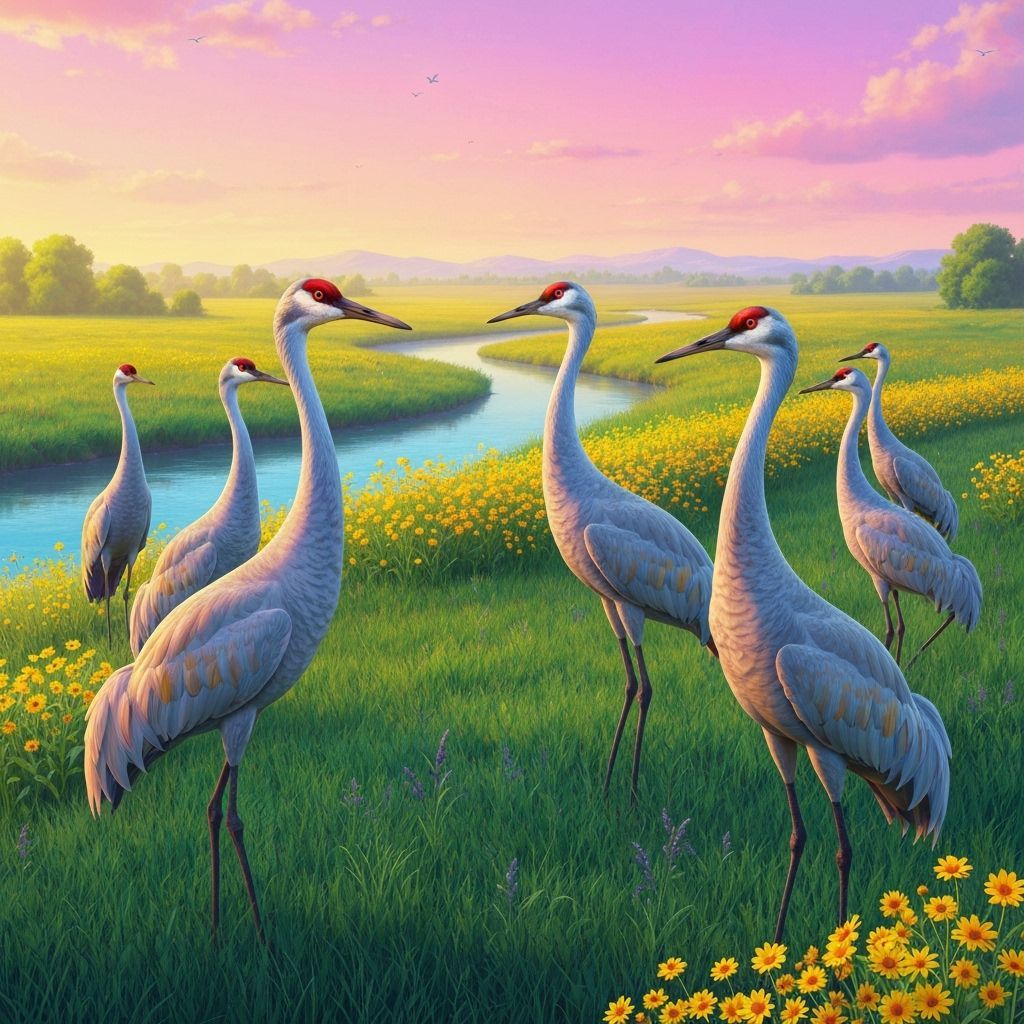 Sandhill Cranes in River Landscape, Naturalistic Style