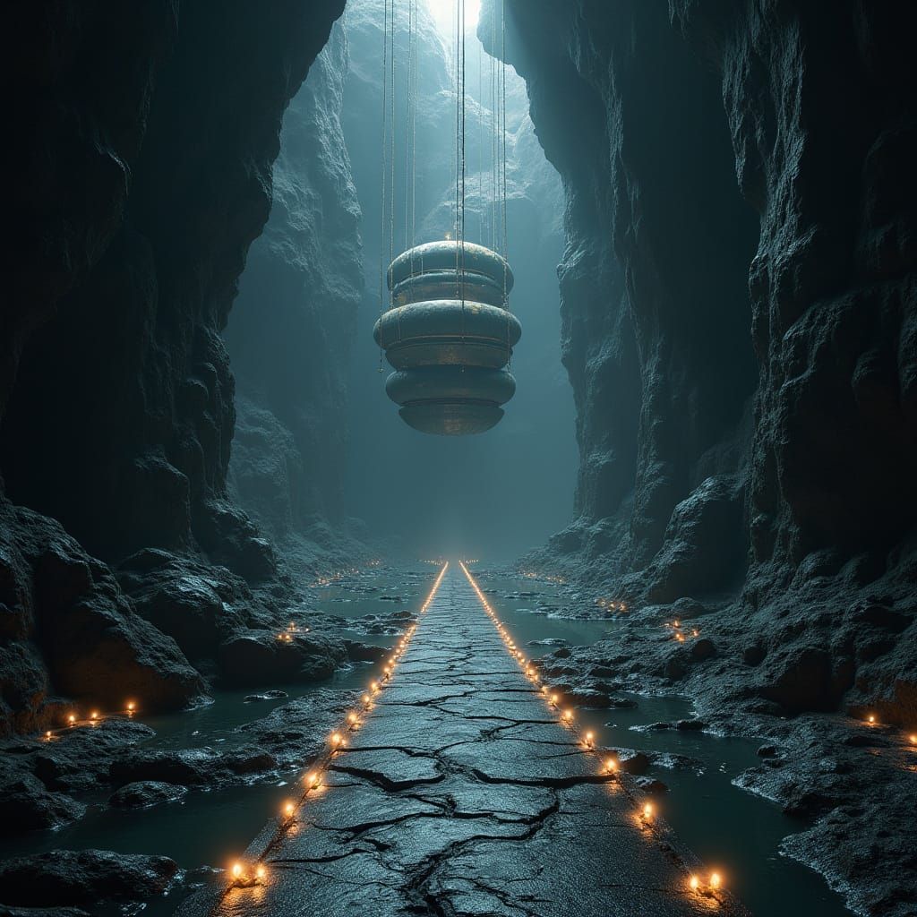 Obsidian Cathedral with Floating Scrolls