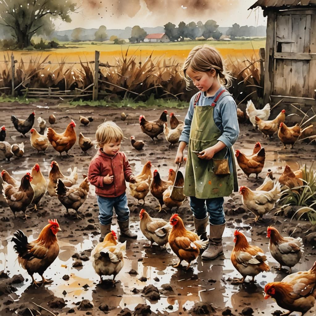 Whimsical Watercolor Scene of Childhood Innocence in the Cou...