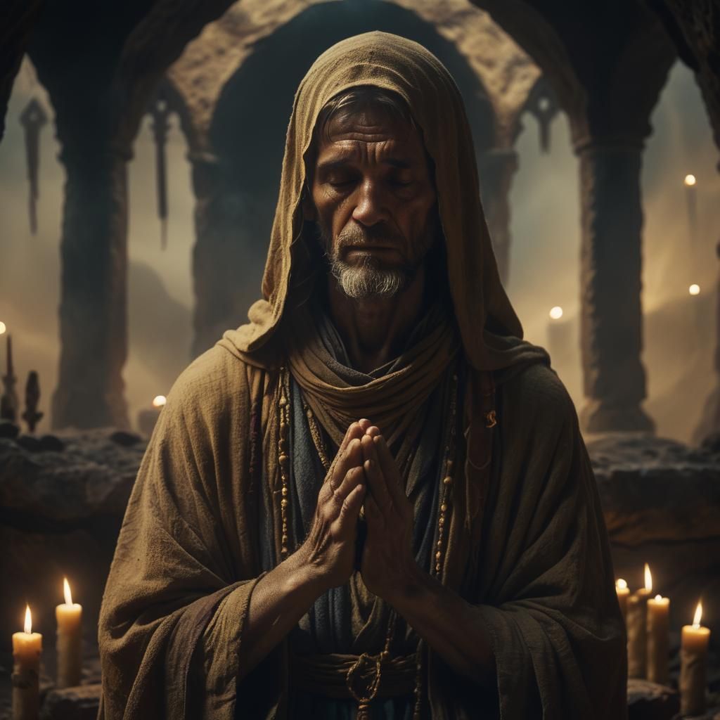 Holy Ascetic in Prayer, Cinematic Still