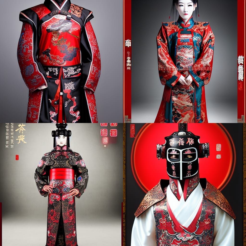 portrait of a chinese cyberpunk machine, machine face, robed, upper half portrait, decorated with chinese opera motifs r...