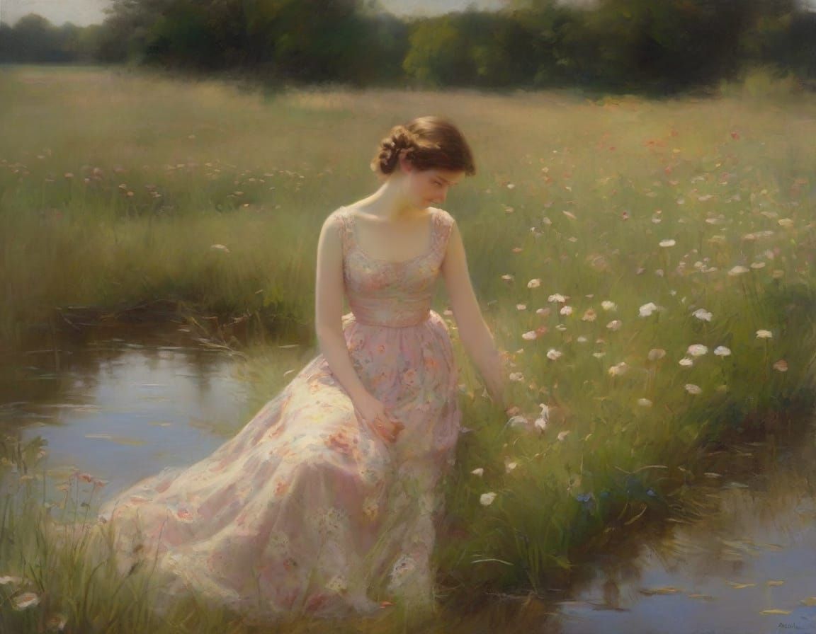 Romantic Realism Portrait of Woman in Wildflower Field