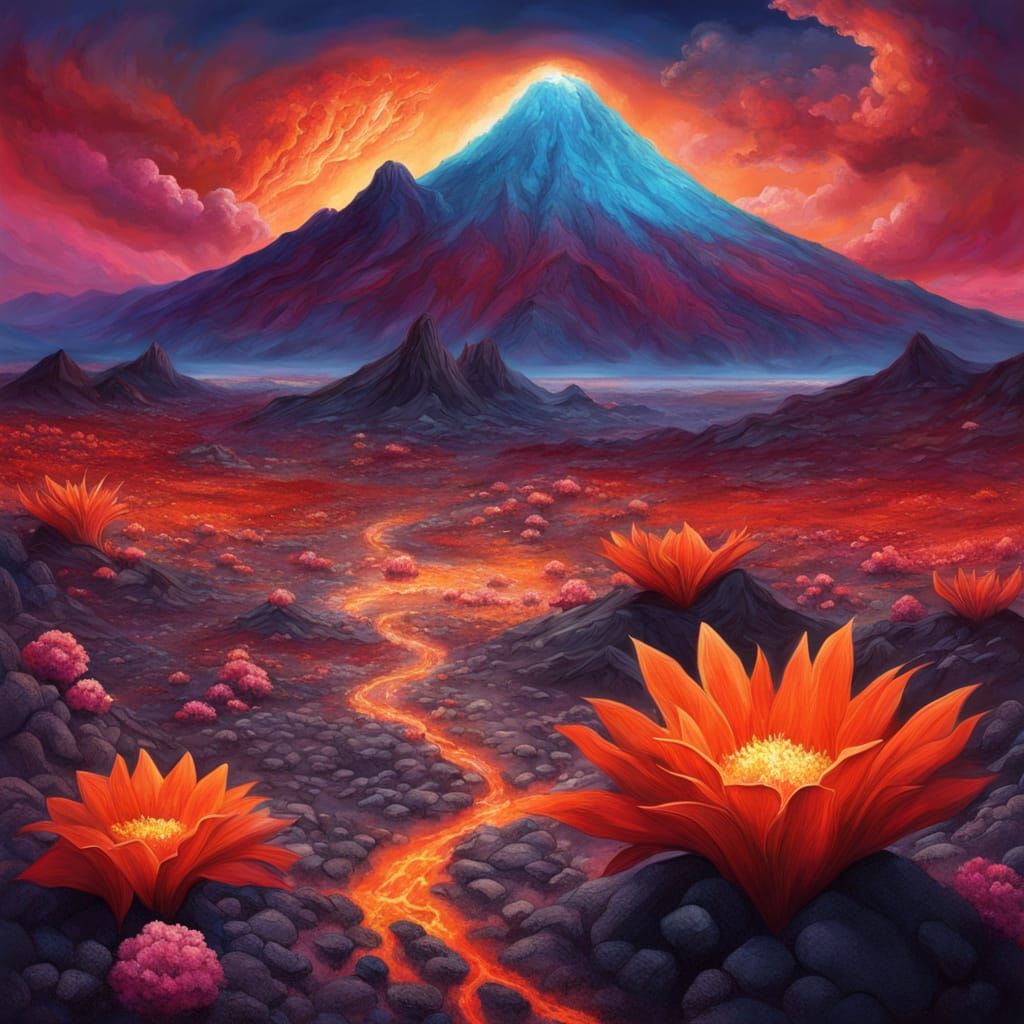 Surreal Volcanic Eruption with Blooming Flowers