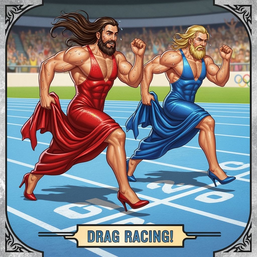 Humorous Trading Card Art: Men in Gowns Race