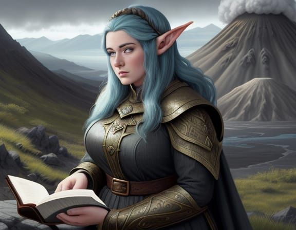 Elf Cleric Reading by Volcanic Crater
