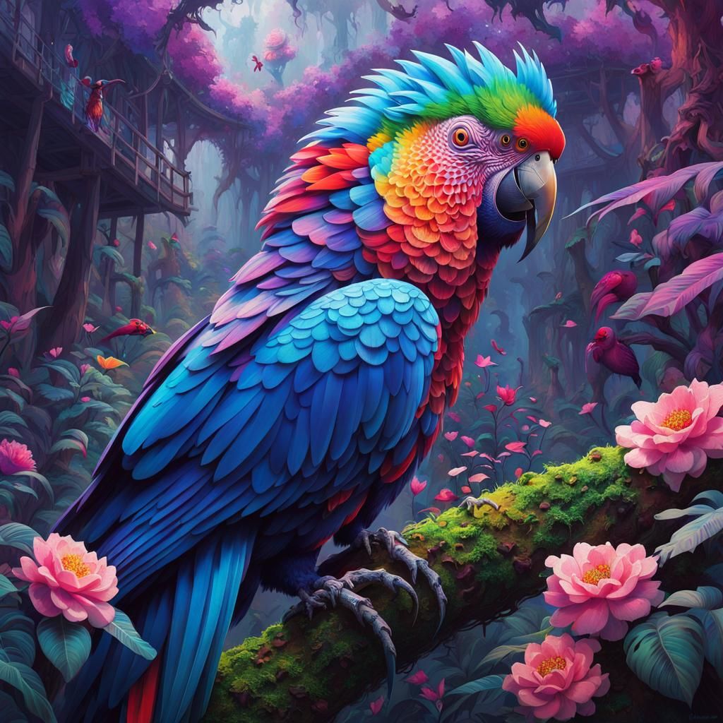 Vaporwave Parrot Peeling Potatoes in Gloomy Rainforest