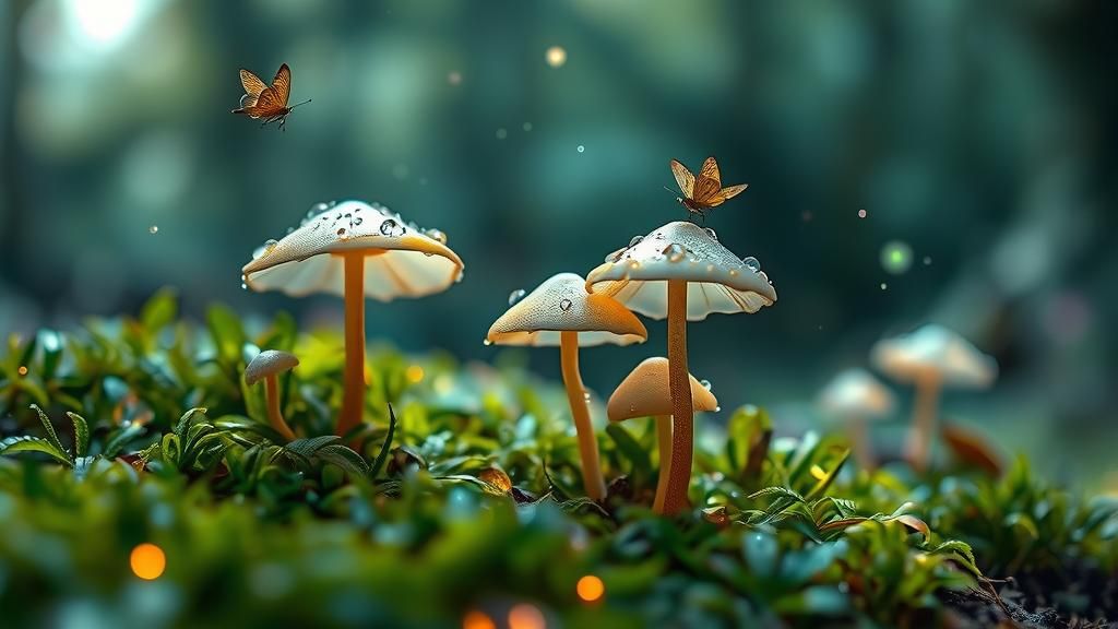 Iridescent Mushrooms in Ethereal Forest Mist