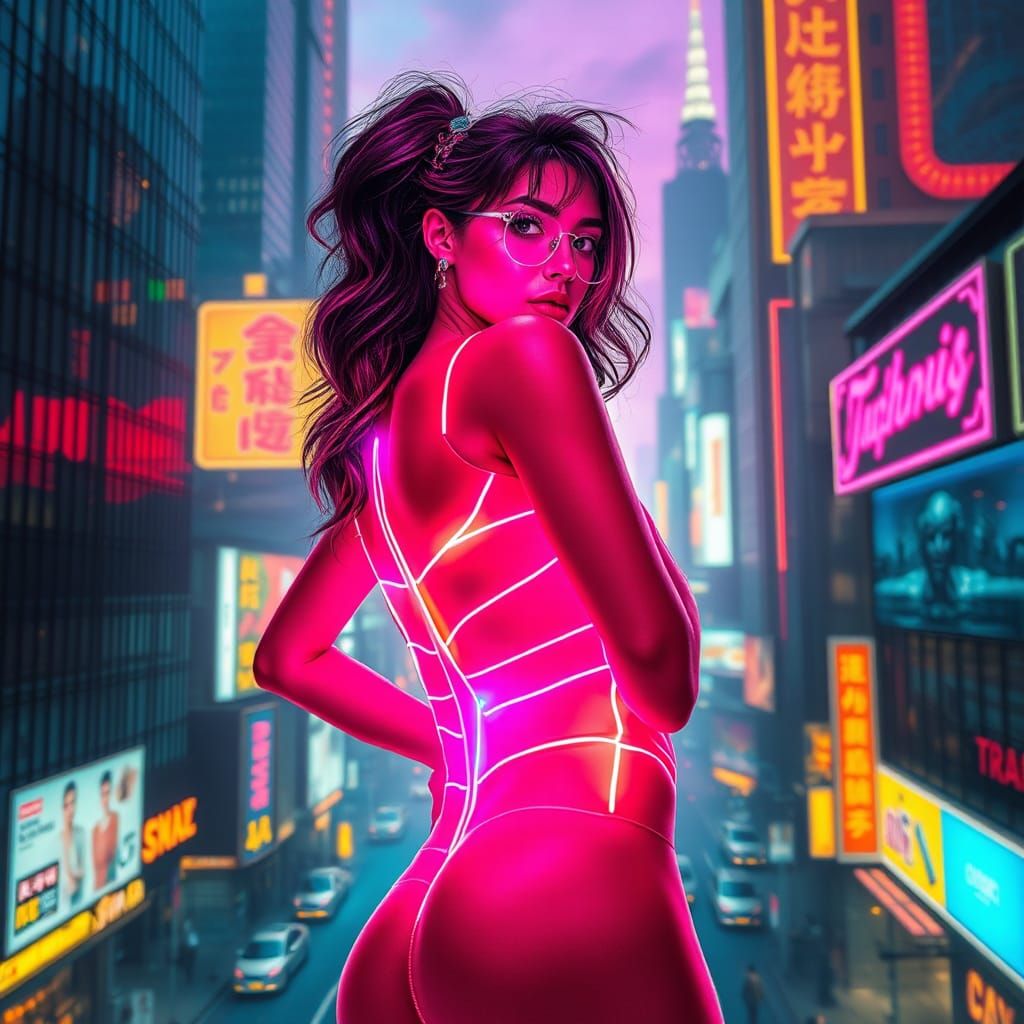 Neon Woman in Futuristic Cyberpunk Cityscape