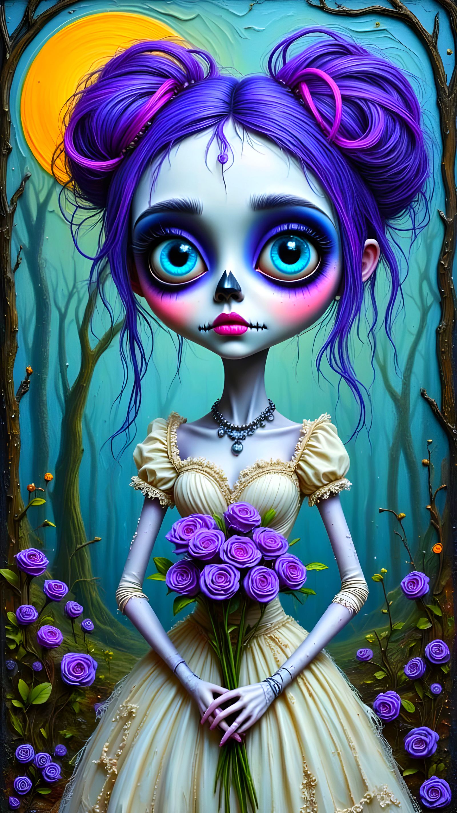 Whimsical Zombie Bride in Encaustic Style