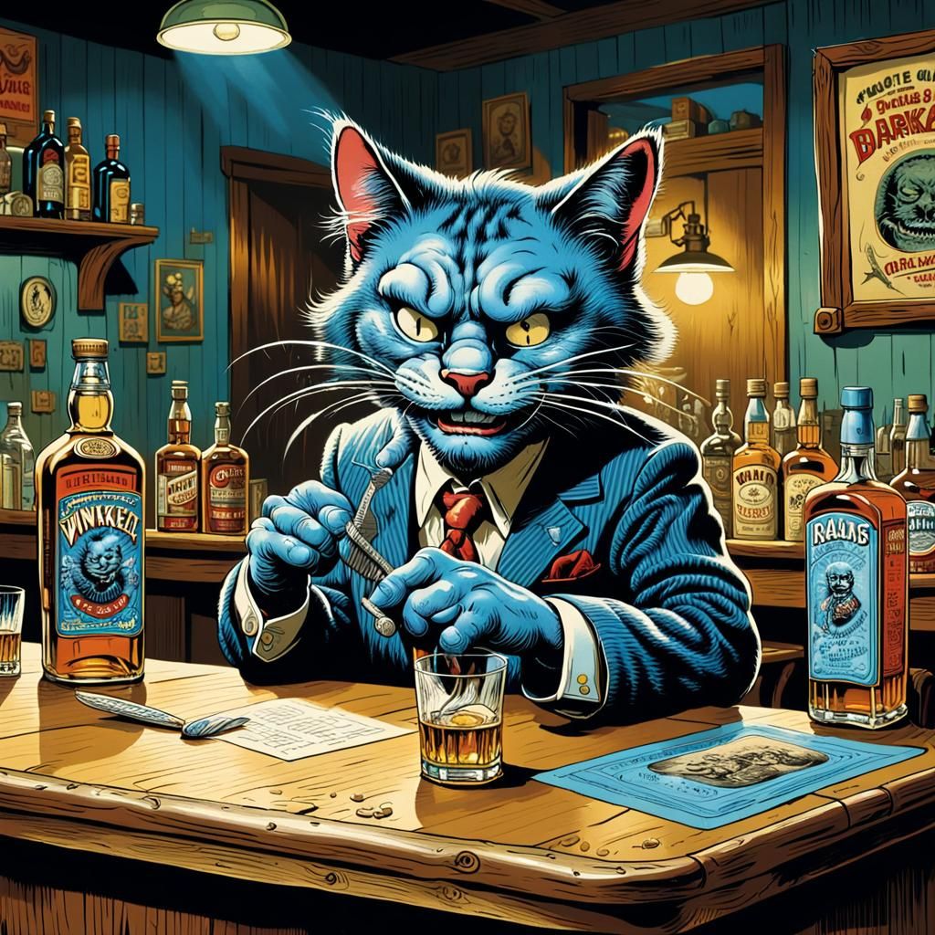 Cartoon Cat at Bar in Ed Roth Style