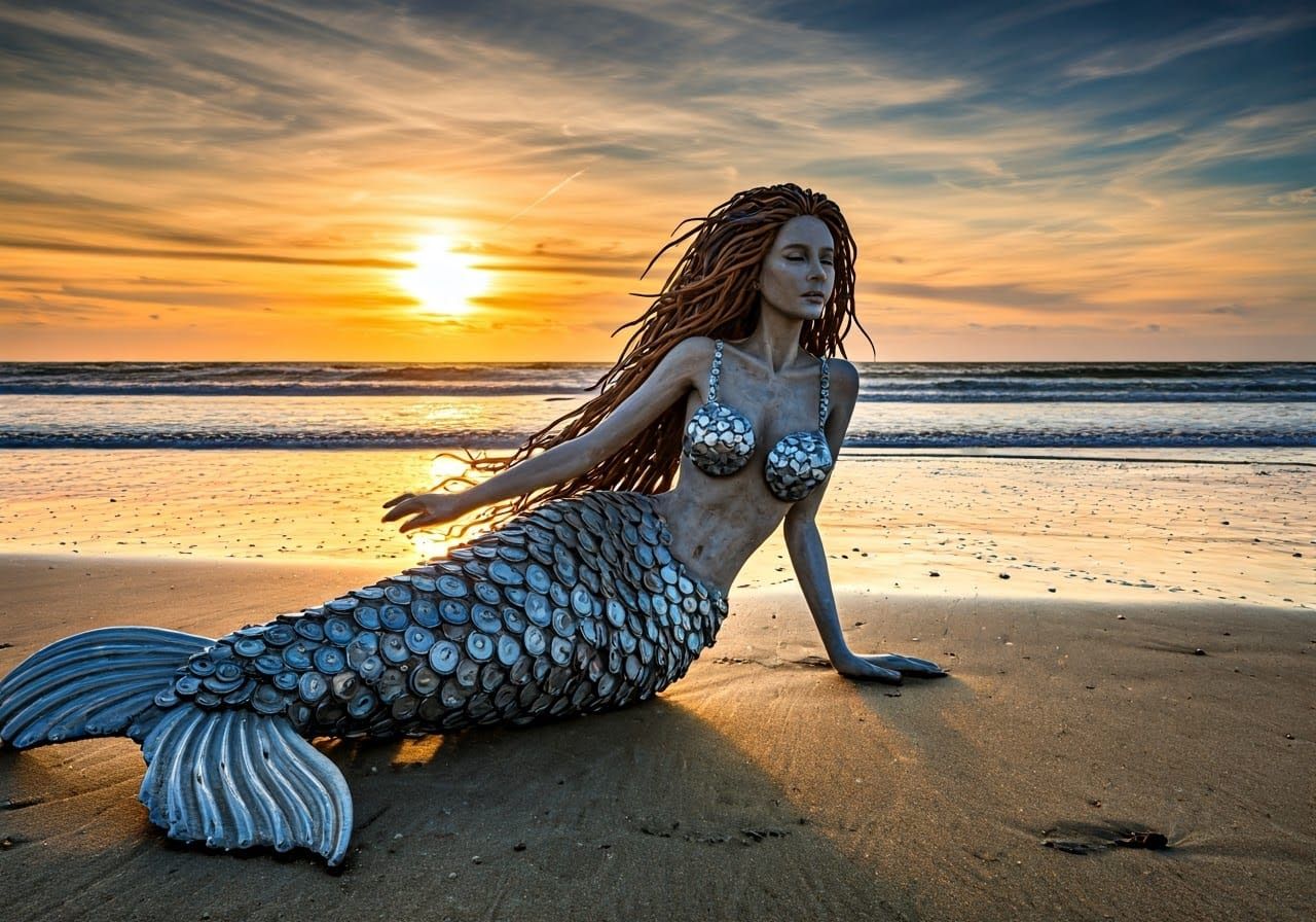 Driftwood Mermaid Sculpture on a Beach