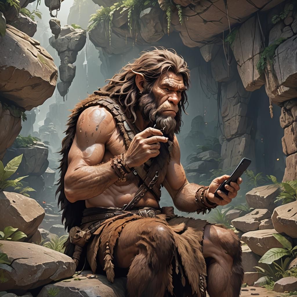 Caveman Confused by Cellphone: 3D Anime Art