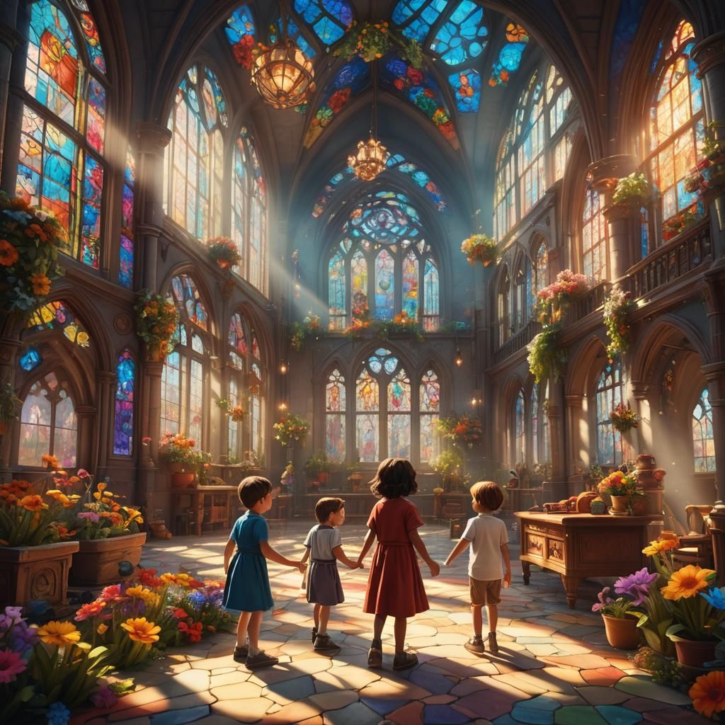Joyful Children's Play in a Fantasy Orphanage