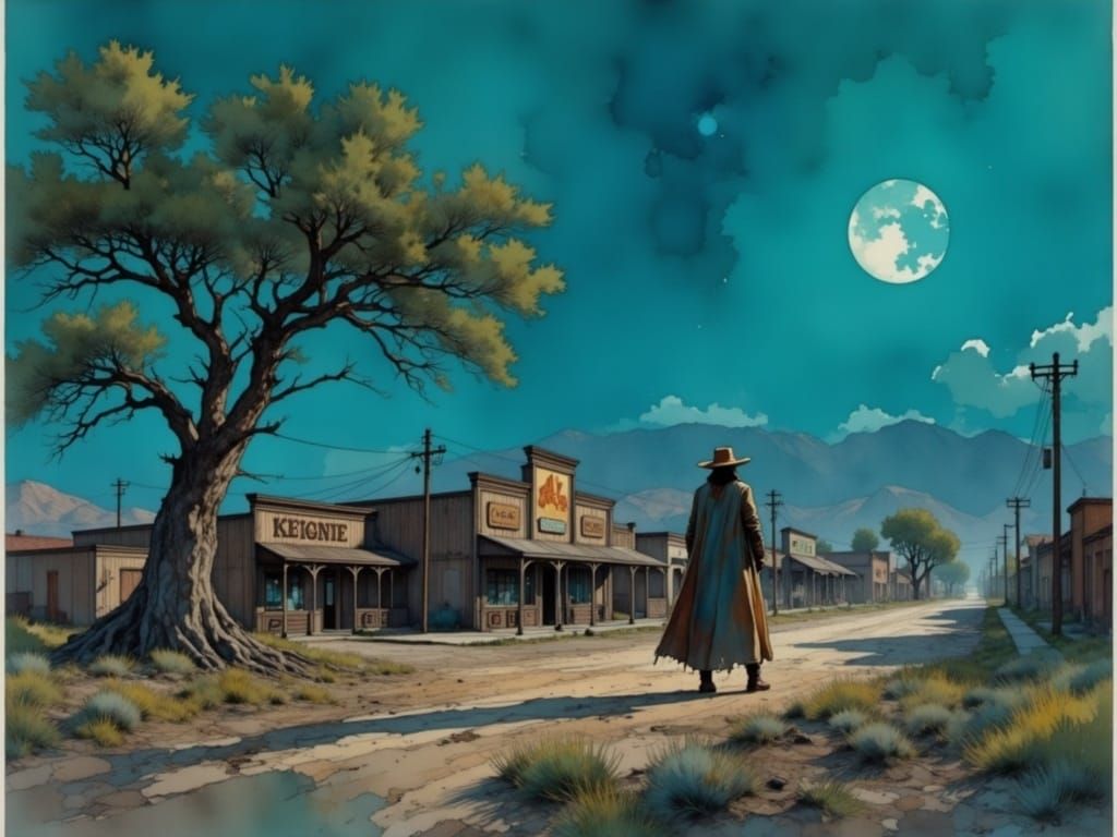 Cowboy Silhouette in Wild West, Painterly Illustration