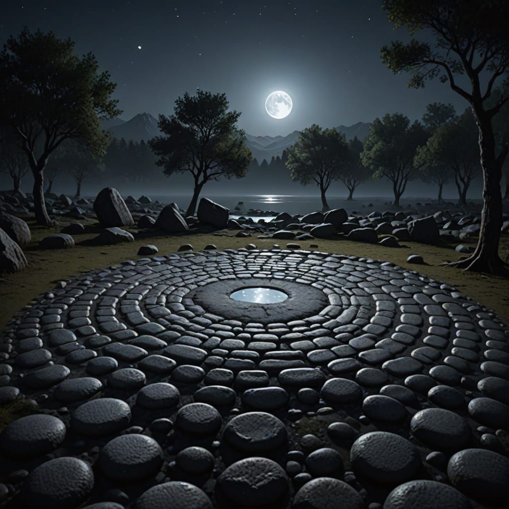 Moonlit Cobblestone Circle in Wilderness