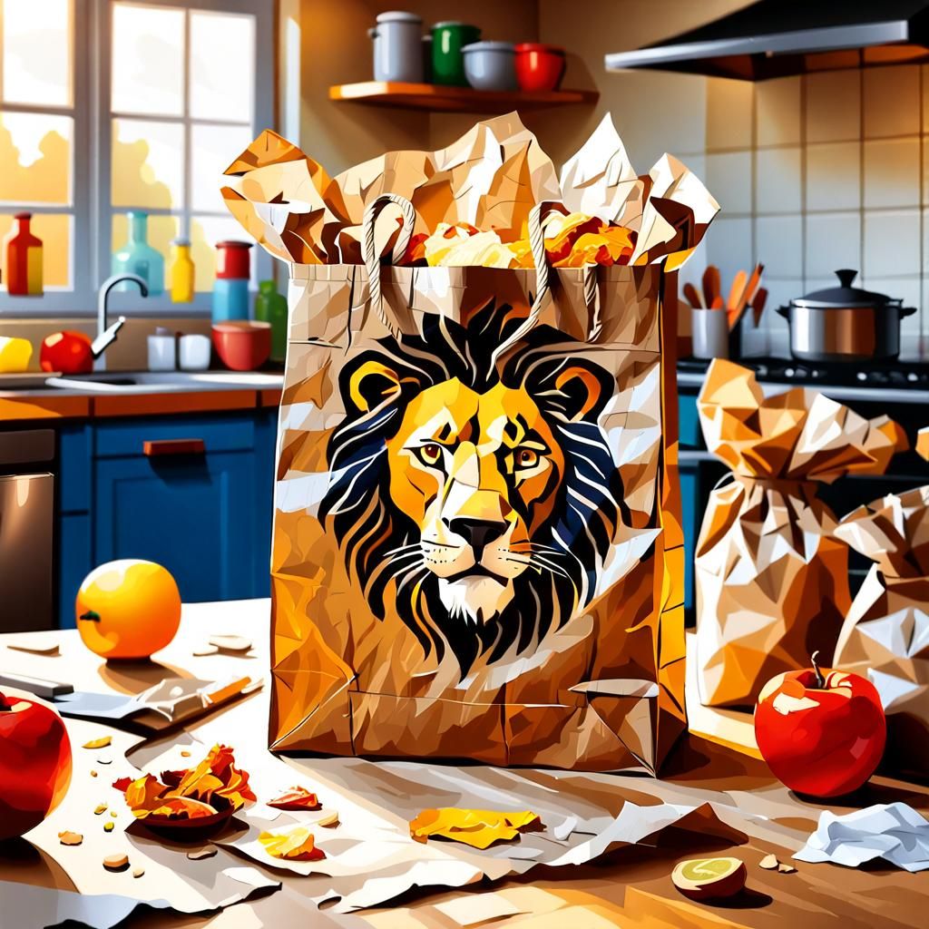 Lion Paper Bag Still Life in Oil Painting Style