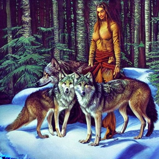 Feral Queen with Wolves in Deep Woods