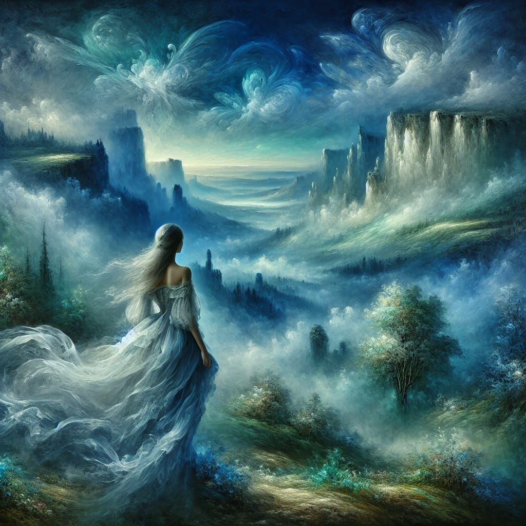 Ethereal Blue Landscape with Woman in Mid-Rustic Style