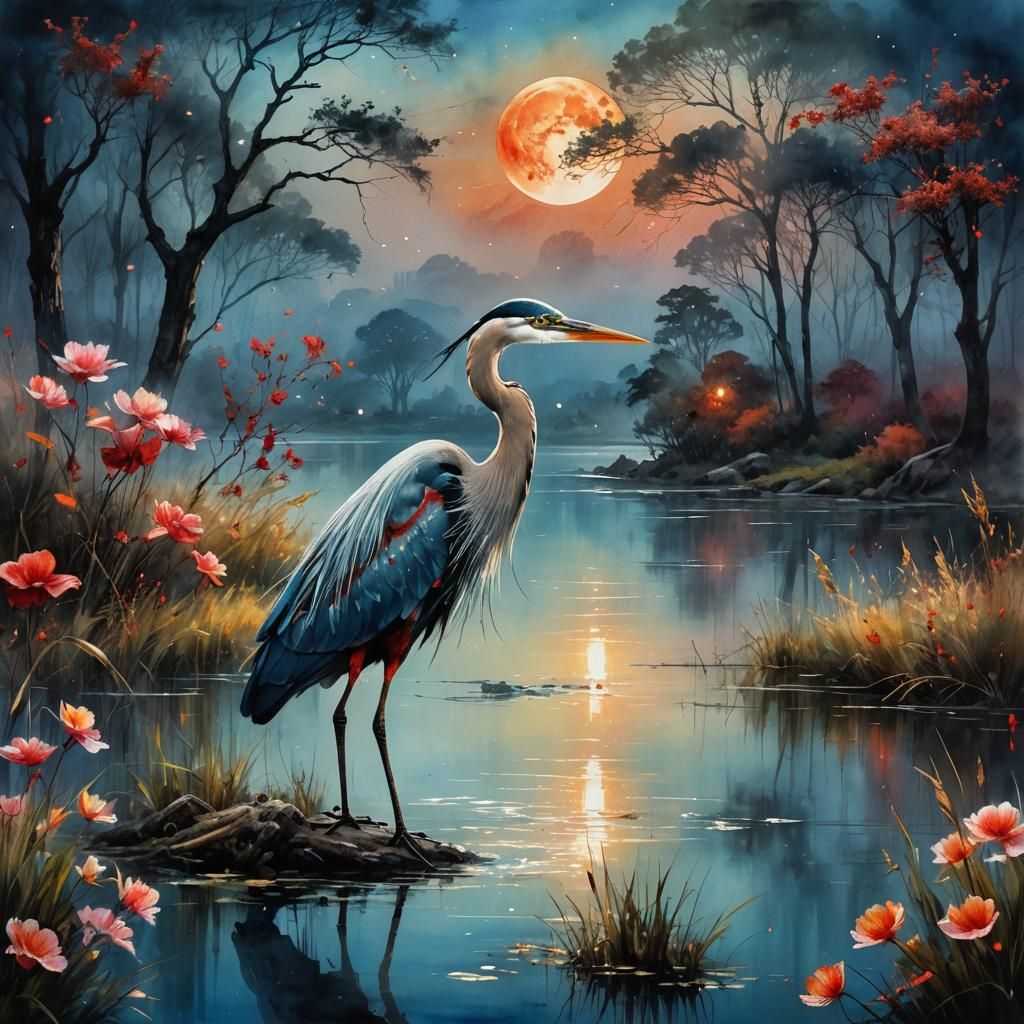 Heron in Ruby Night Sky: Impasto Watercolor Art