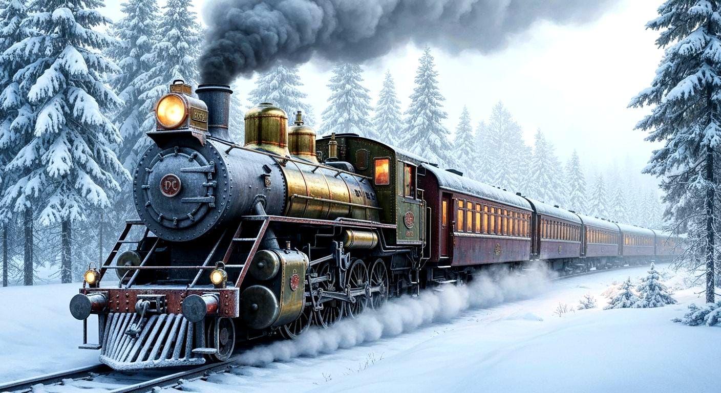 Vintage Steam Train in Snowy Forest