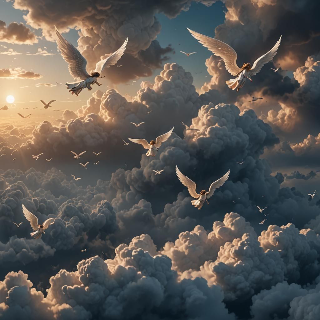 Angelic Flight: Detailed Matte Painting of Sky Angels