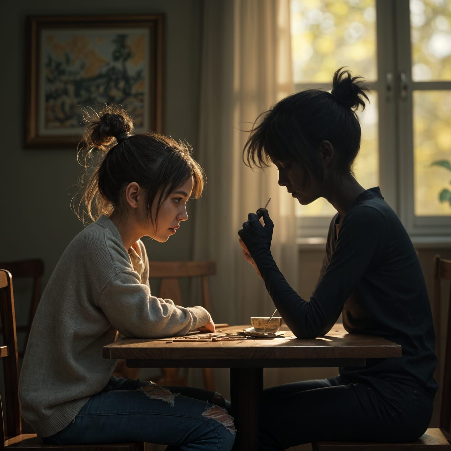 Teenager and Shadow Figure in Cinematic 3D Style