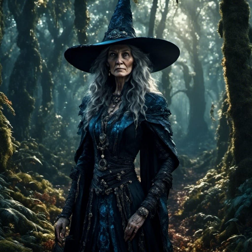 Eldery Witch Lost in Dark Fantasy Forest