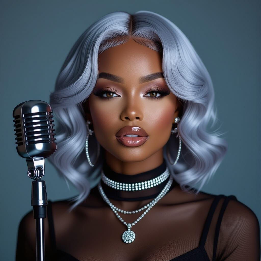 Beautiful Black Woman with Icy Wig and Mic Stand