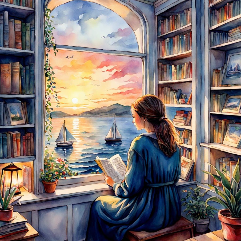 Cozy Reading Nook with Sunset Seascape: Watercolour Painting