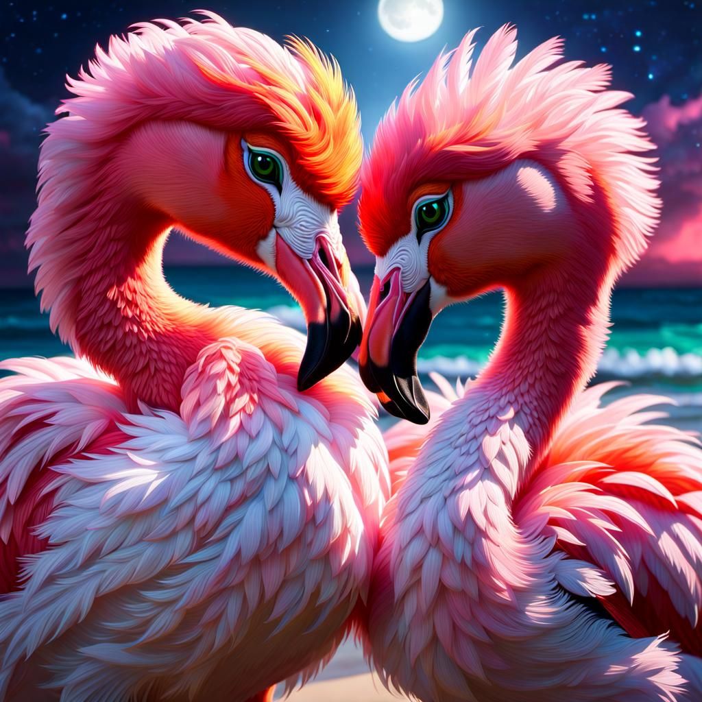 Adorable Chibi Flamingos on Bioluminescent Beach