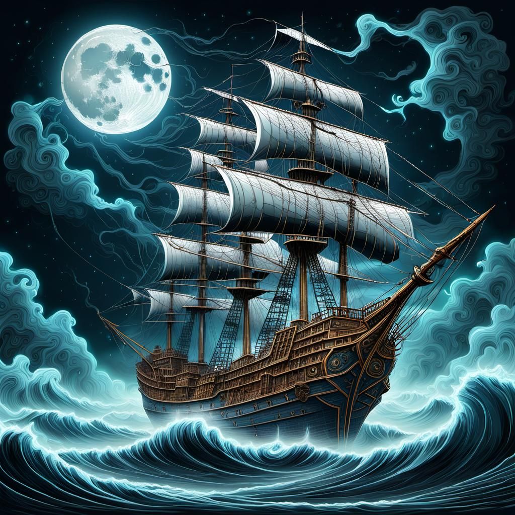 Ghost Pirate Ship and Spacecraft in Storm