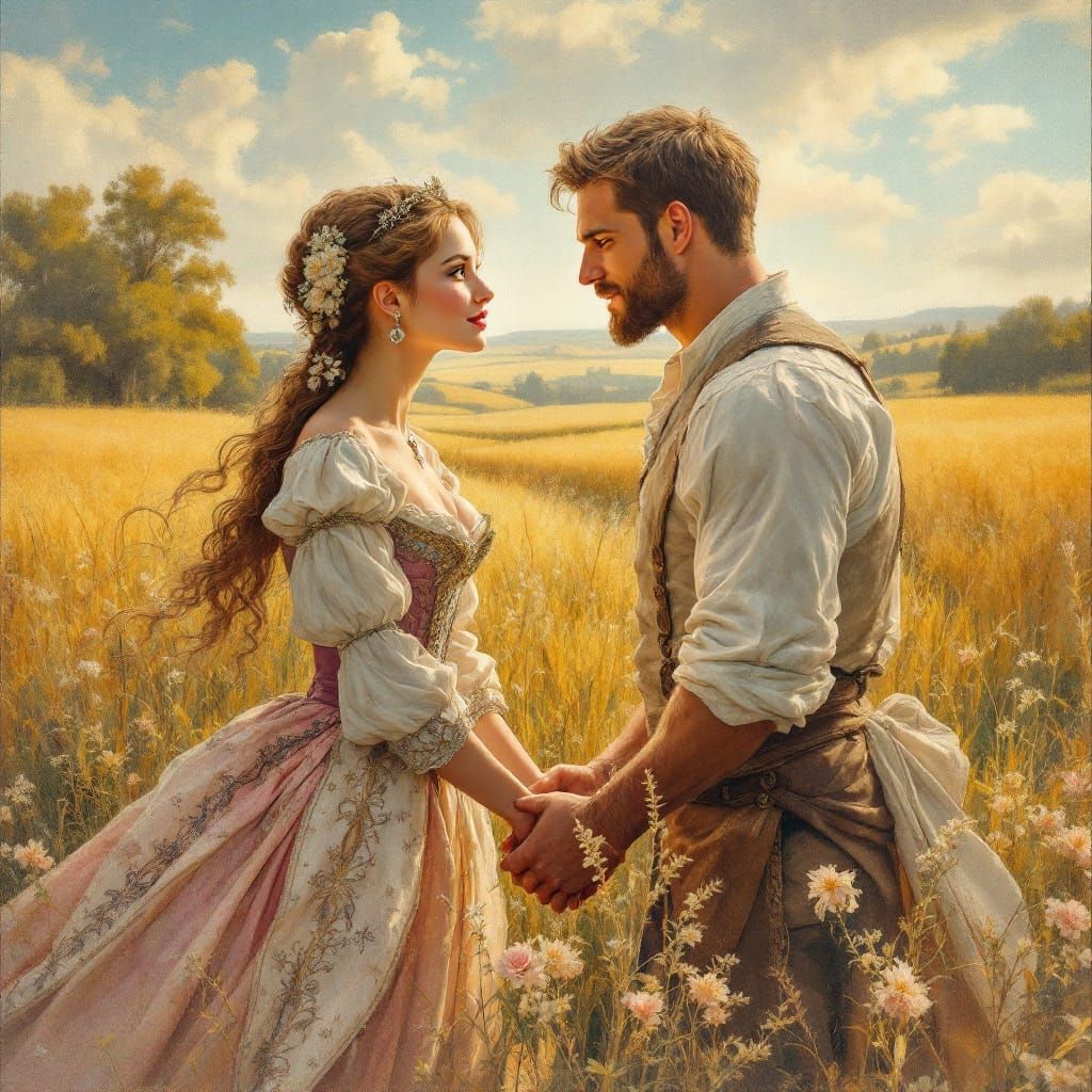 Elegant Noblewoman Admires Strong Peasant in Enchanted Field