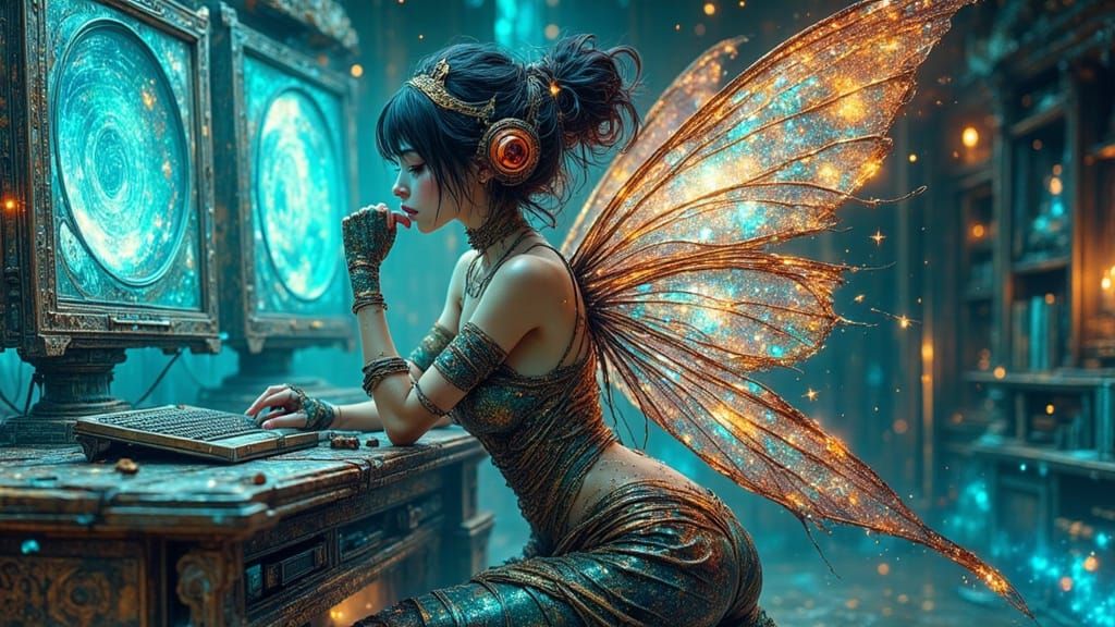 Cyberpunk Pixie Fairy Planting a Virus
