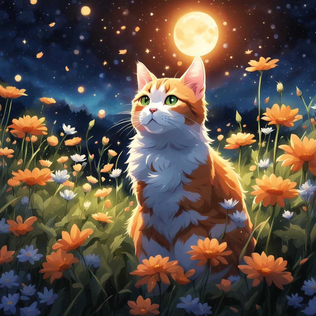Tabby Cat in Wildflower Meadow, Anime Style