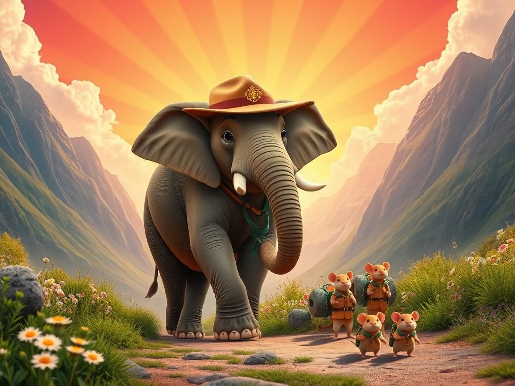 Elephant Park Ranger Leads Mouse Scouts: 3D Digital Art