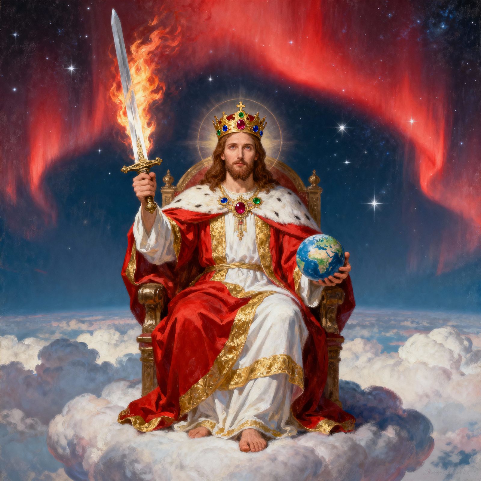 Jesus Christ on Throne with Flaming Sword