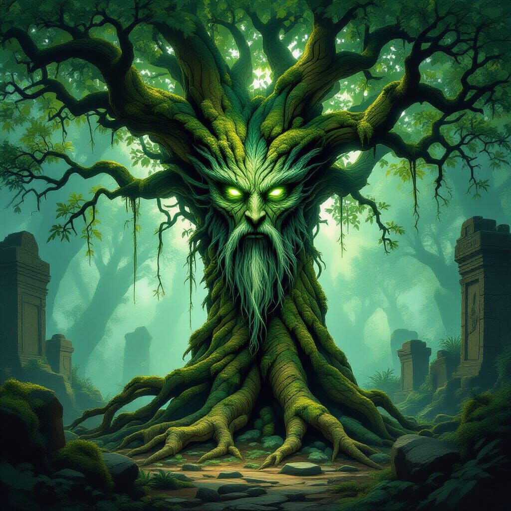 Ancient Tree Spirit in Mystical Forest Clearing