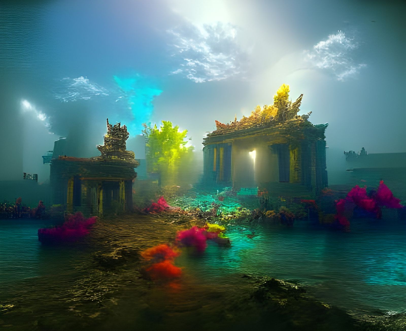 Underwater Temple Ruins with Coral, Artstation Quality