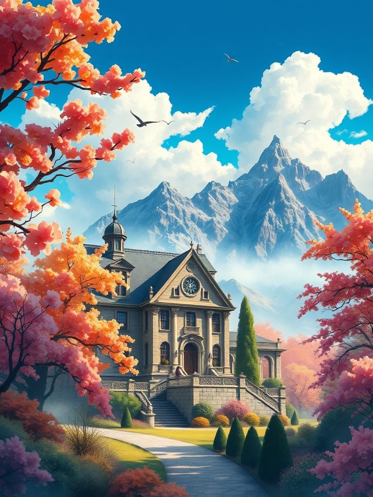 Ethereal Luxury Estate Amidst Vibrant Blossoming Trees