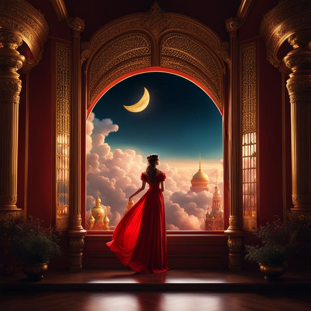 Red Cloud Palace with Golden Princess, Fantasy Art