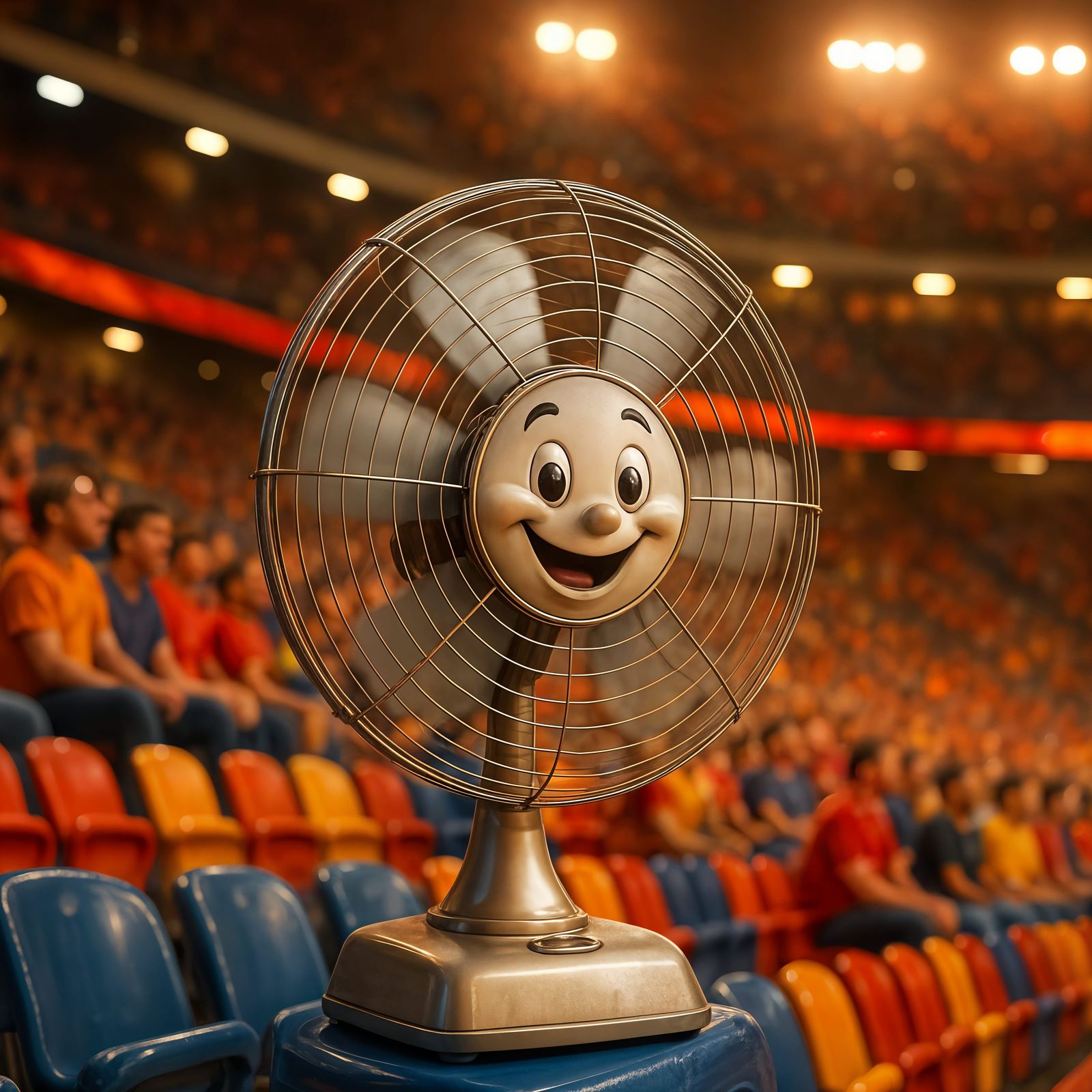 Cheerful Desk Fan at Crowded Sports Arena