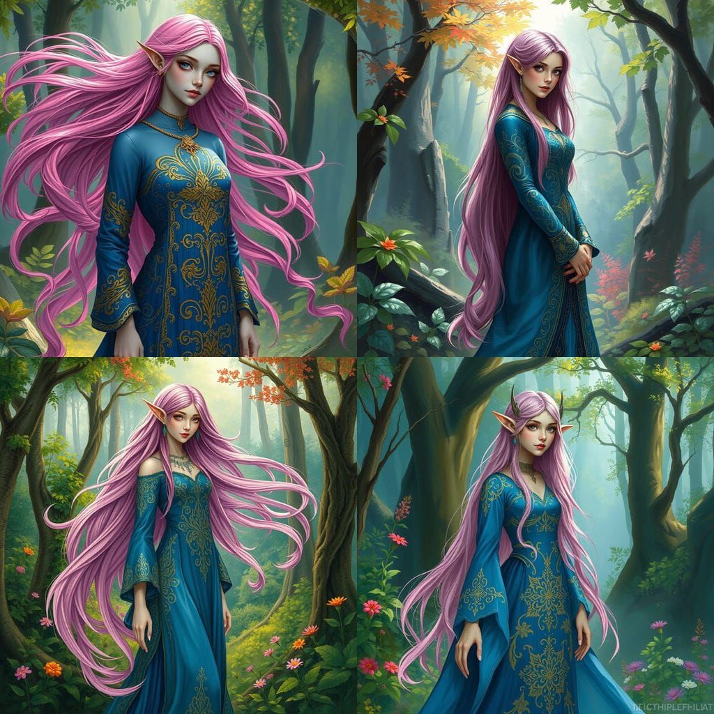 Elvin Woman with Pink Hair in Forest, Fantasy Art