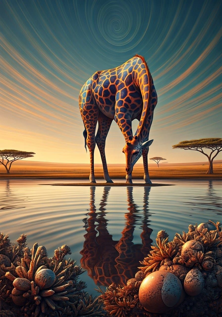 Surrealist Giraffe in Dreamlike Serengeti Landscape