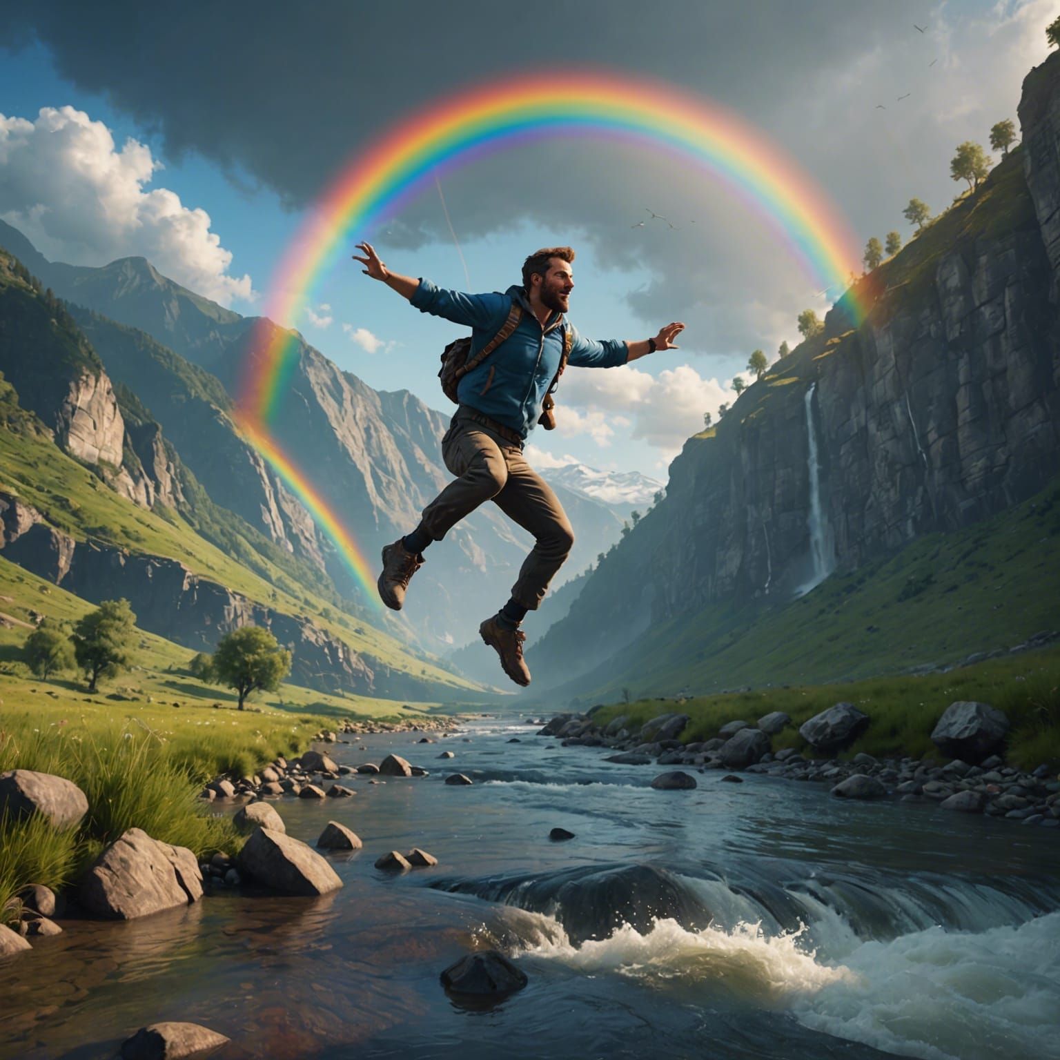 Man Leaps Over River with Rainbow: 3D Render