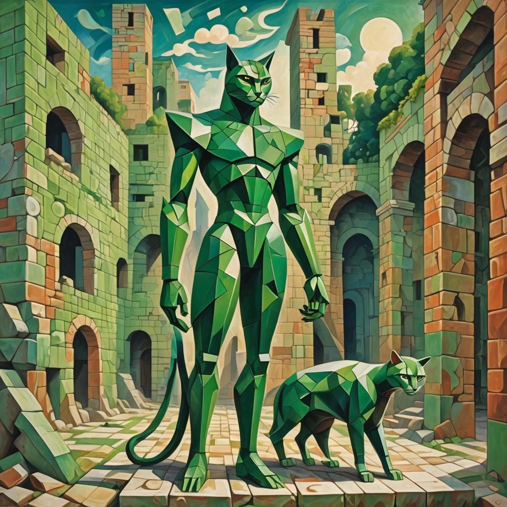 Feline Humanoid in Ruins: Abstract Cubism Style