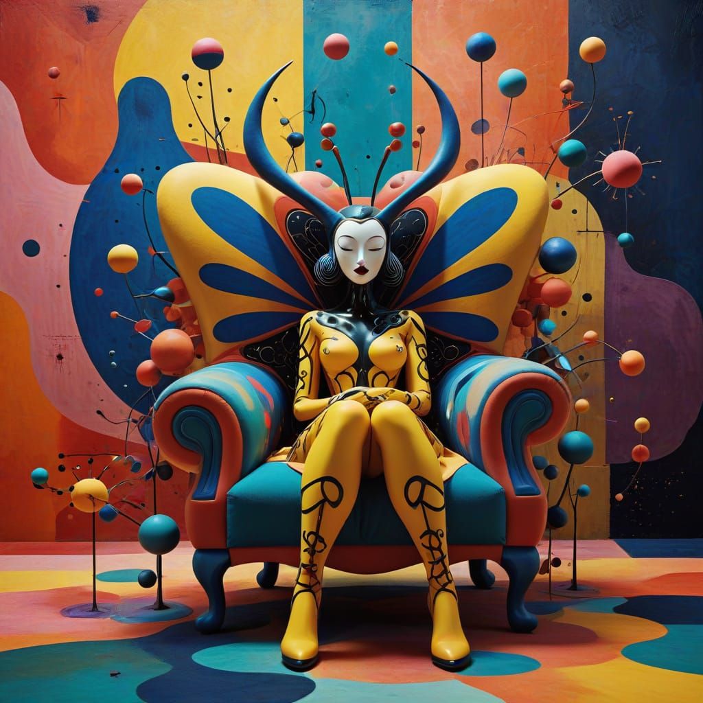 Surrealist Queen Bee on Vibrant Biomorphic Throne