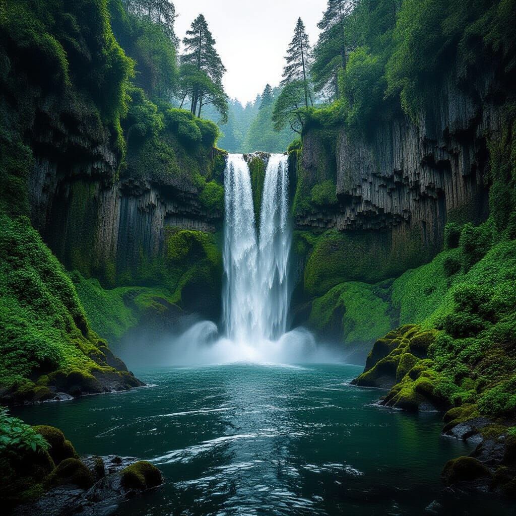 Breathtaking Waterfall Plunging Between Dark Cliffs