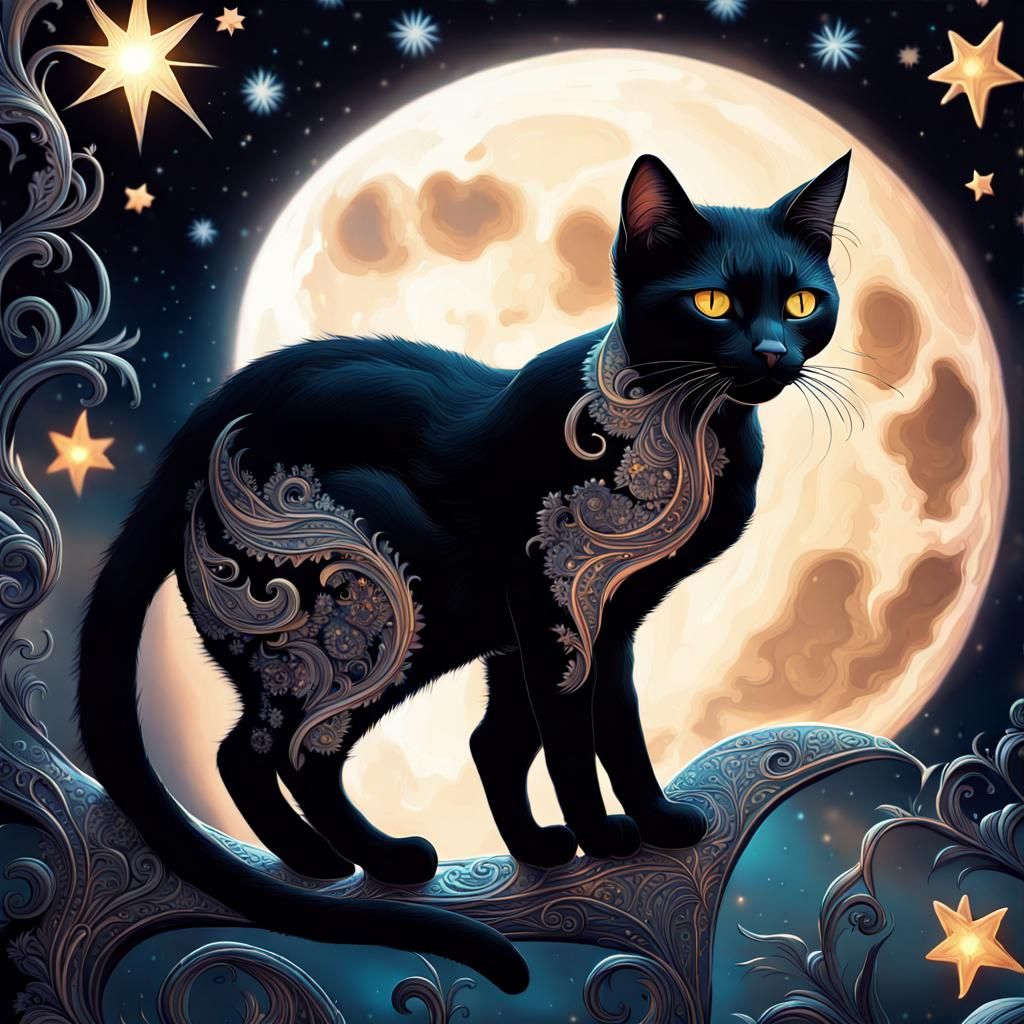 Midnight Black Cat in Moon's Glow: Digital Art