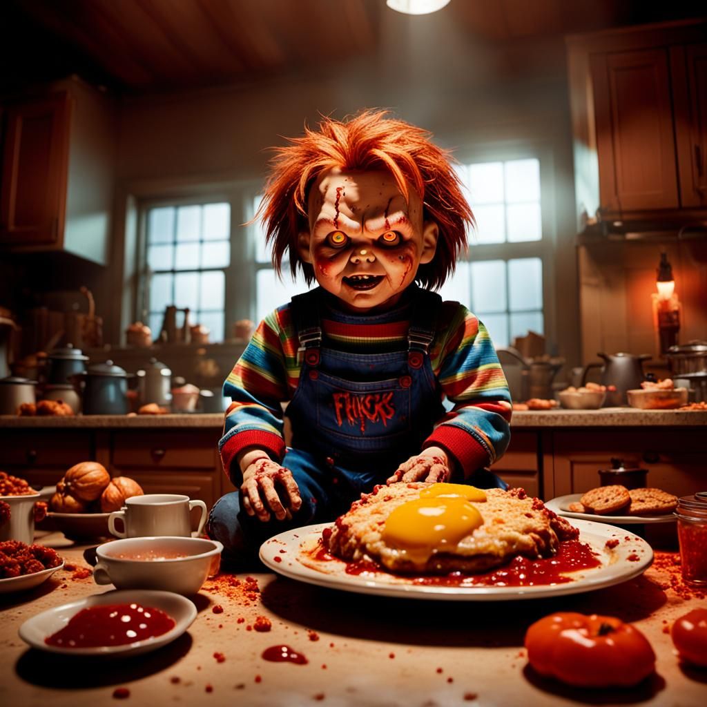 Chucky's Terrifying Breakfast Feast in Dim Kitchen